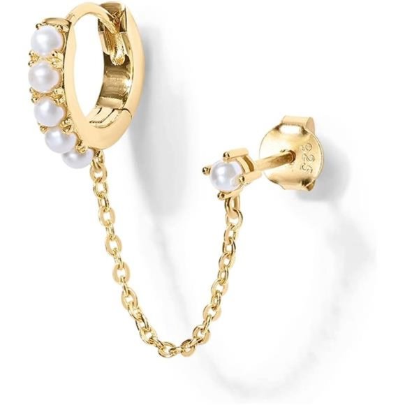 14K Gold Chain Earrings Womens Double Piercing Dangle Chain Huggie Hoop Earrings - Picture 1 of 5